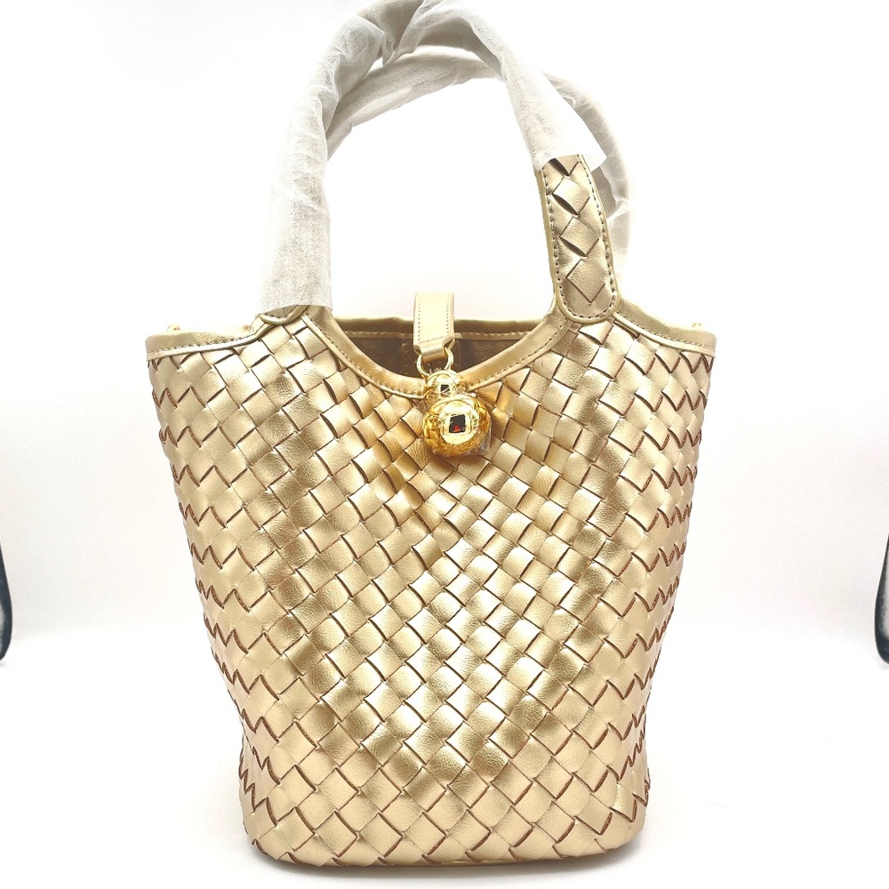 NWT! Tang Heritage Gold 25 Woven Leather Bucket Bag W/ Crossbody Strap & Insert